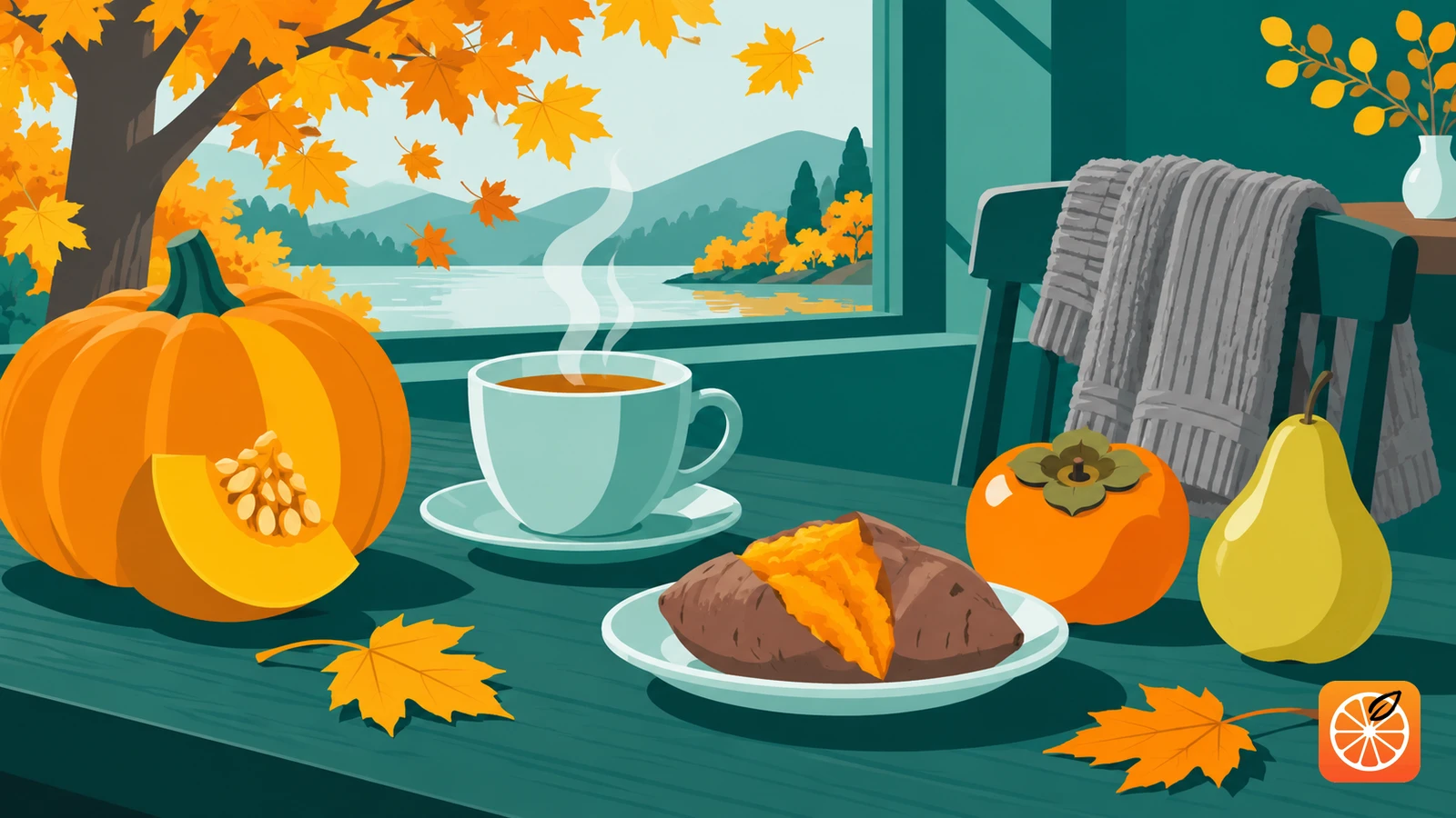 Hot tea, a sliced pumpkin, a baked sweet potato, a persimmon, and a pear on a table beside an autumn window