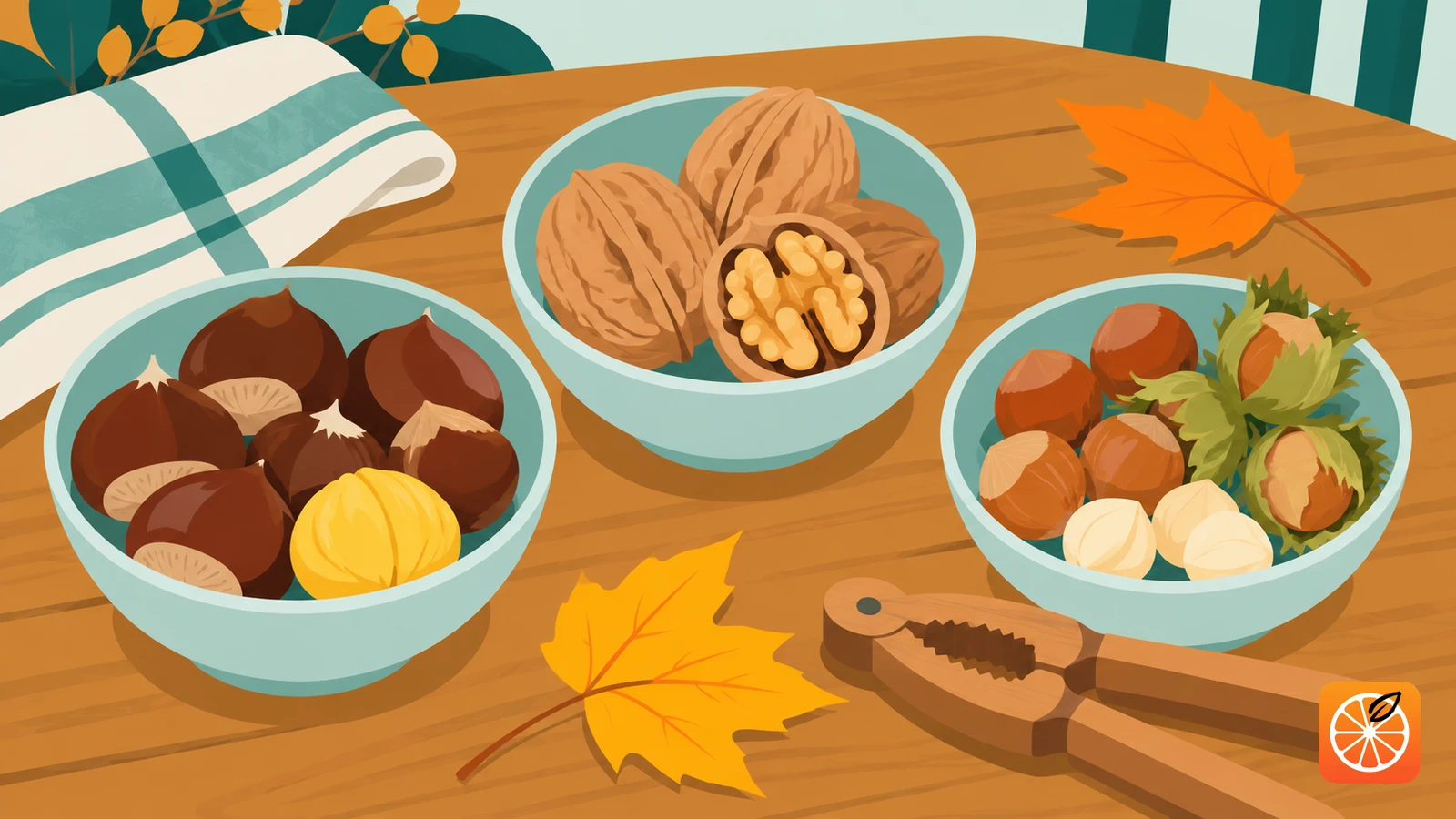 Three bowls of chestnuts, cracked walnuts, and hazelnuts beside a nutcracker and fallen maple leaves