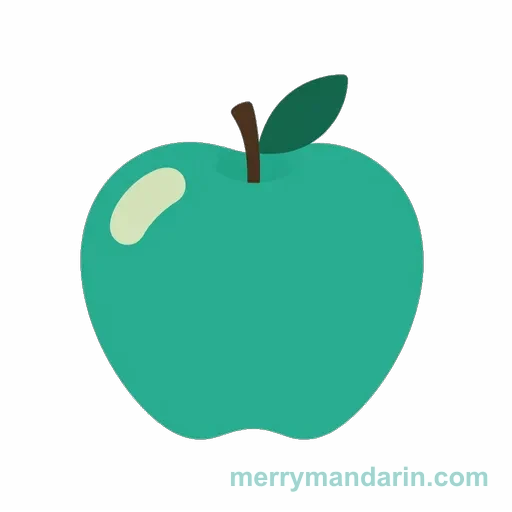 An apple with a stem and a small leaf