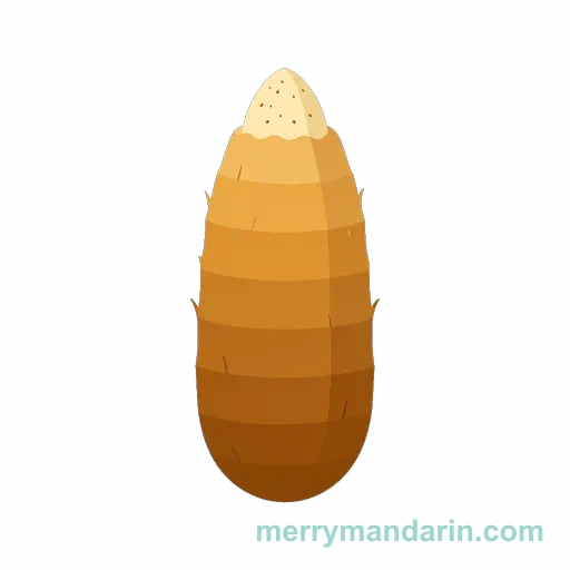 A whole taro root with a rough brown exterior and pale tip