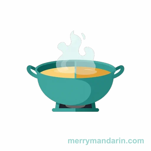 A teal hot pot filled with golden broth, with steam rising above it