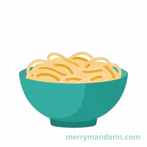 A teal bowl piled with long golden noodles