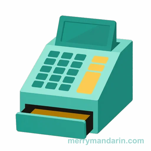 Illustration of a cash register, the Chinese word 收银台 (shōuyíntái)