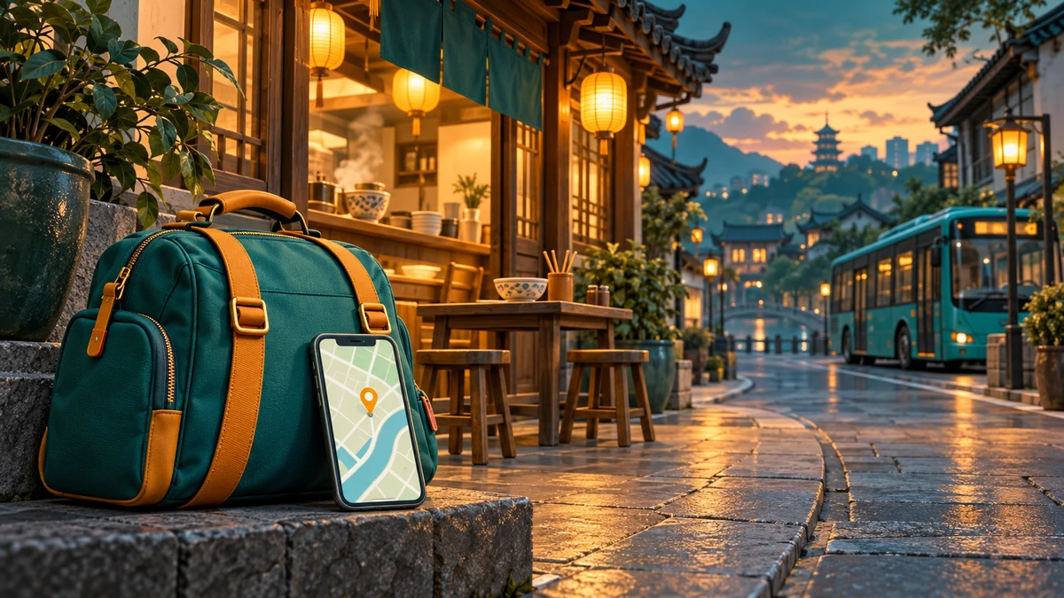 A teal travel bag and a phone map beside a warmly lit noodle shop, with an amber-lit street and a teal bus in the background