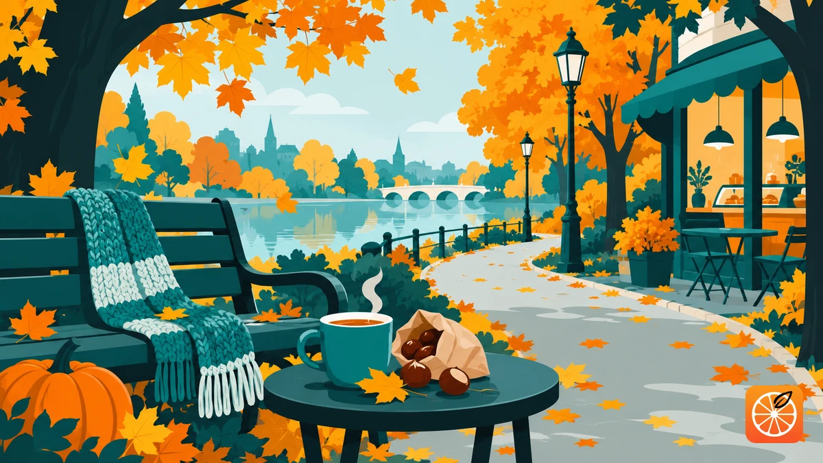 An autumn park beside a cafe, with a scarf on a bench, hot tea, chestnuts, and golden maple leaves