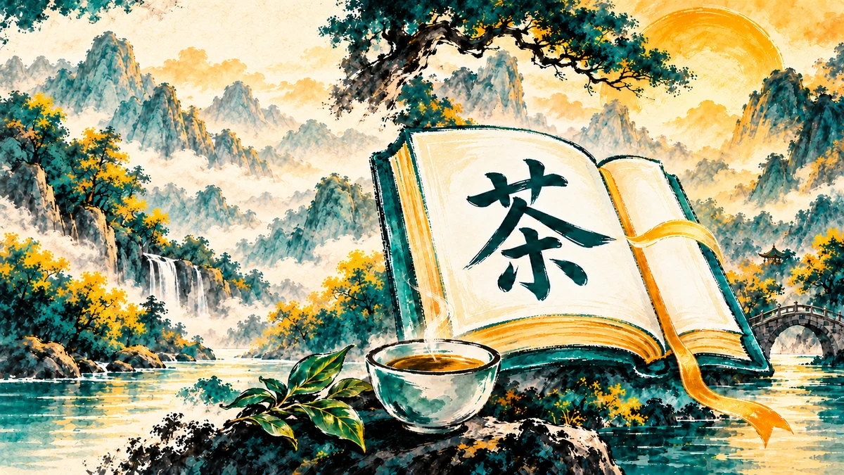 An open book displaying the Chinese character for tea beside a steaming cup, surrounded by teal mountains, amber foliage, and a flowing bookmark