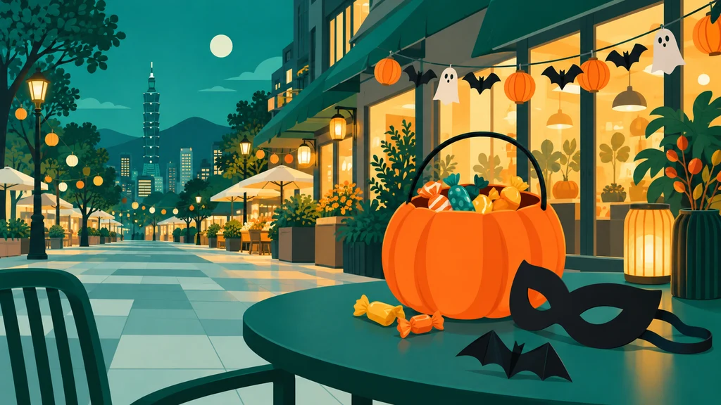 Illustrated Taipei street at night with Halloween decorations, a pumpkin candy bucket, wrapped sweets, and a costume mask