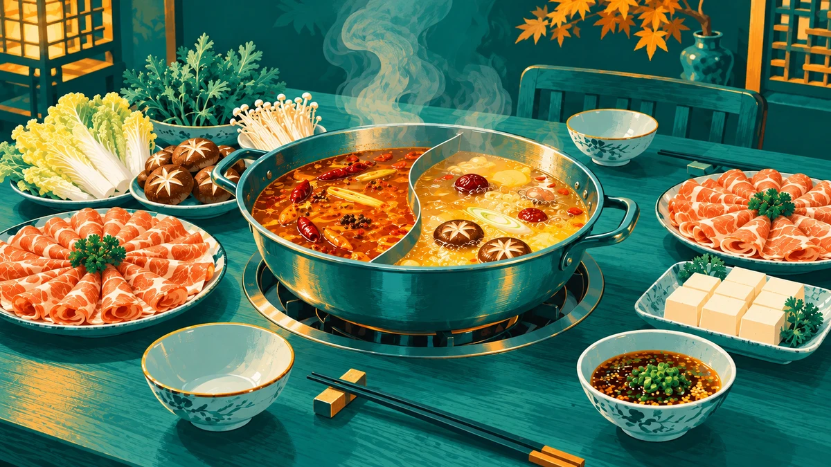 A cozy hot pot table illustrated in teal and amber, with steam rising from a divided pot surrounded by beef, tofu, cabbage, mushrooms, and dipping sauce