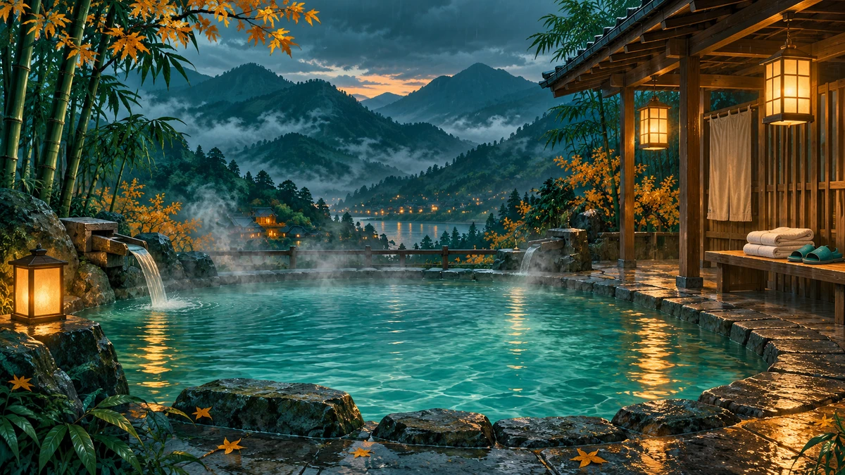 A peaceful Taiwan-inspired mountain hot spring with teal water, amber lanterns, bamboo, autumn leaves, and a wooden bathhouse at dusk