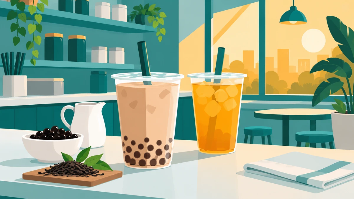 Milk tea with tapioca pearls and golden iced tea on a sunny cafe counter beside a milk pitcher, tea leaves, and a bowl of pearls