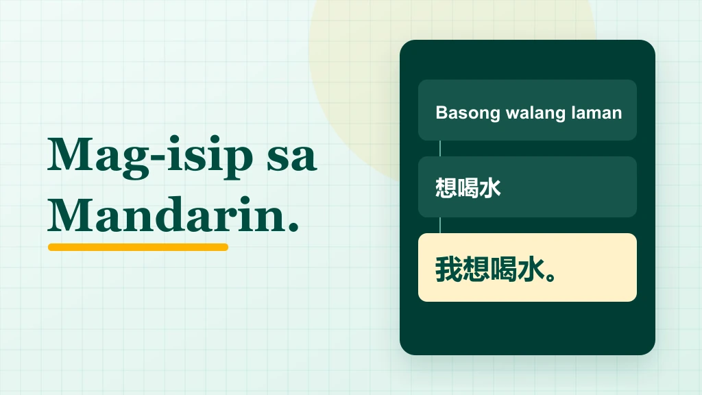 Mula sa basong walang laman, papunta sa 想喝水 at sa kaisipang Mandarin na 我想喝水