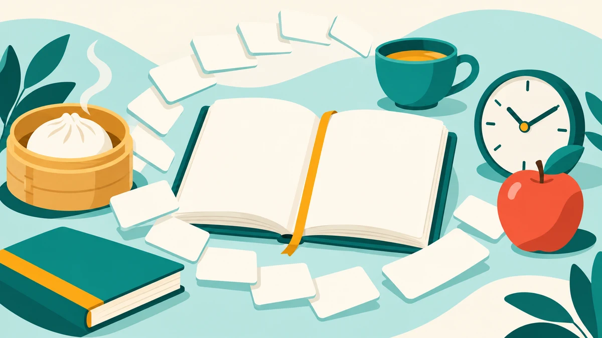 Open study notebook with blank flashcards, a steamed bun, a cup, a clock, an apple, and a book