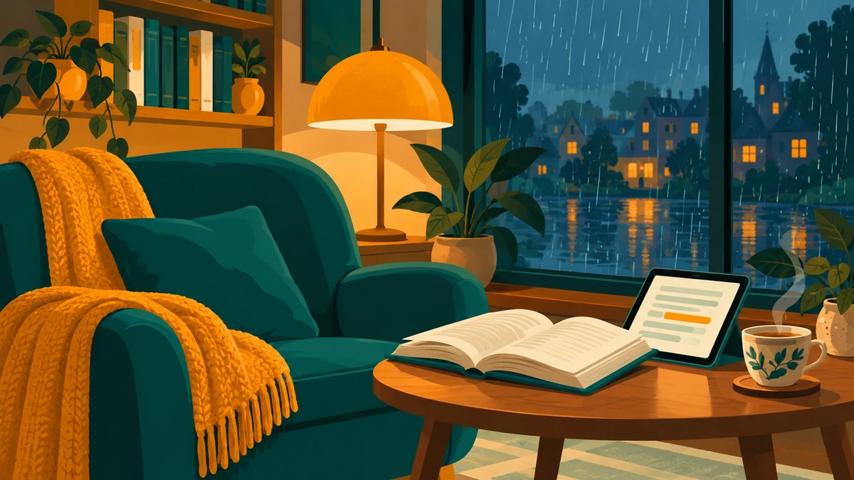 An open book and tablet beside a teal armchair, amber reading lamp, and cup of tea, with rain falling outside the window