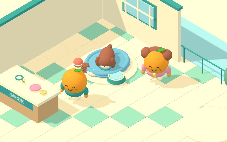 Three orange characters caring for a small brown dog in a Merry Mandarin Scenario Games 3D room