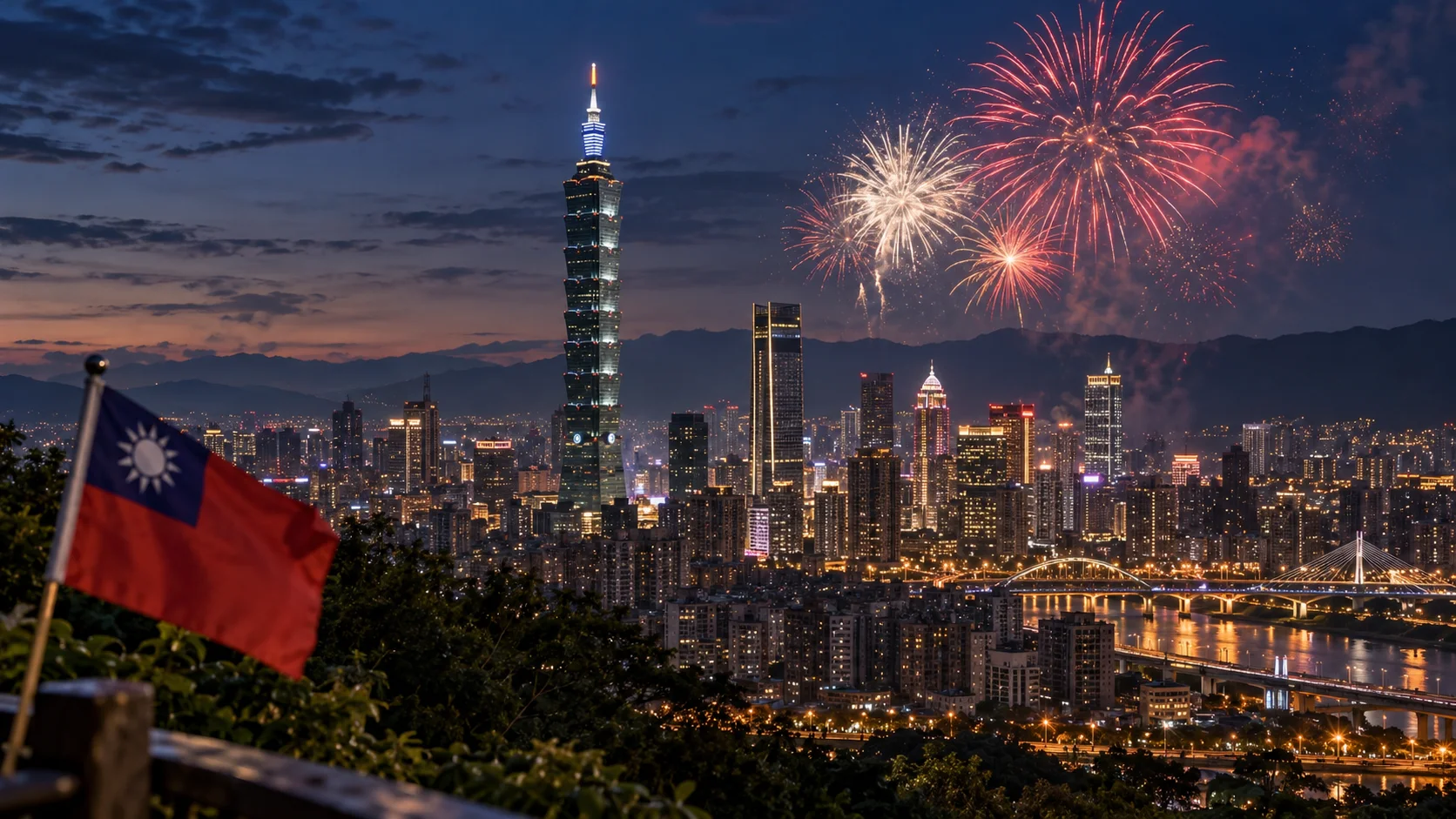 Taiwan's national flag in the foreground as fireworks light the evening sky above Taipei 101 and the Taipei skyline