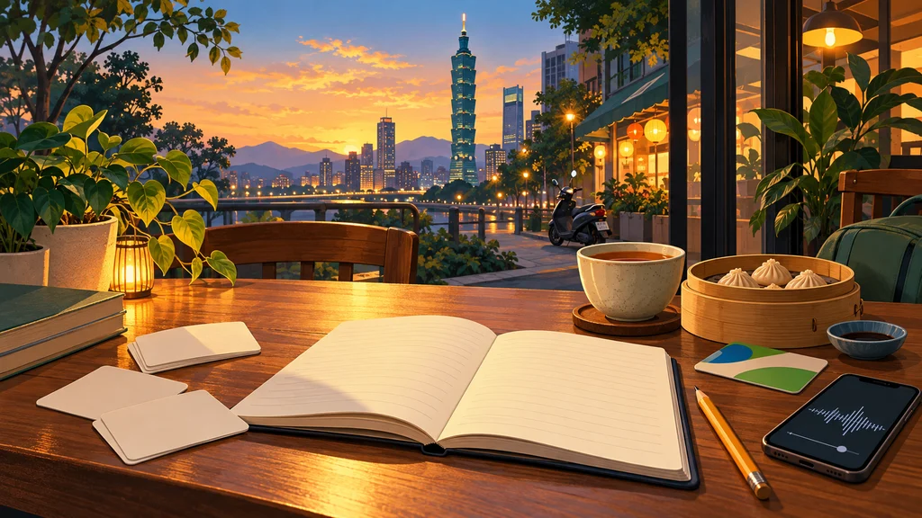 Open study notebook, blank flashcards, tea, dumplings, and a phone with an audio waveform at a Taipei café at sunset