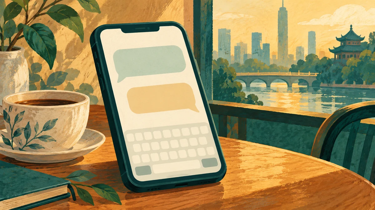 A teal phone with two empty chat bubbles and a keyboard beside a coffee cup, with an amber-lit city and river beyond a café window