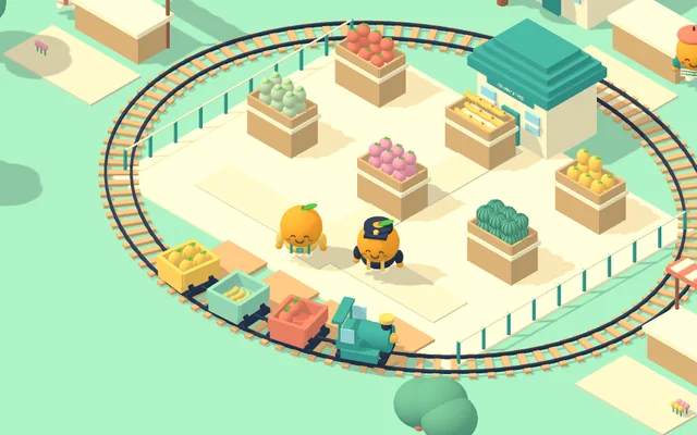 A small fruit train loops around market stalls filled with colorful fruit in Merry Mandarin Scenario Games