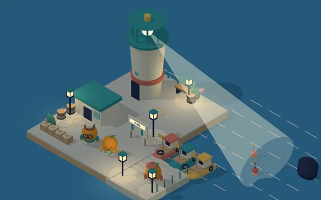 Merry Mandarin Scenario Games lighthouse at night with a sweeping light over boats and orange characters on the quay