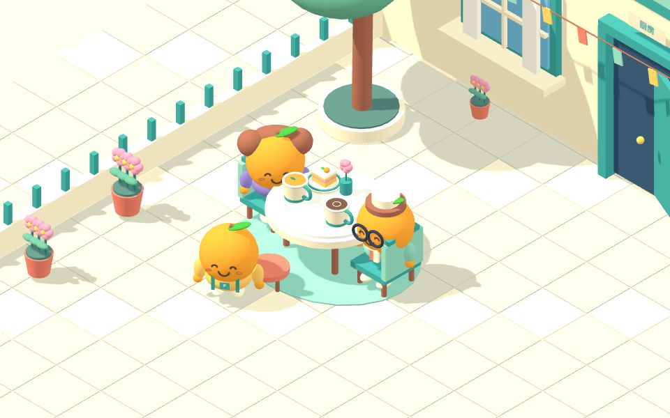 Three orange characters gathered around tea and cake in a 3D courtyard in Merry Mandarin Scenario Games